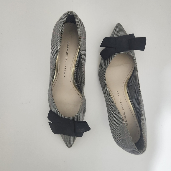 Zara Women’s Black Gray Plaid Bow Mini Heels EU 36 Pumps Office Career Shoes - Picture 7 of 16